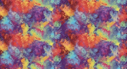 A vibrant abstract artwork featuring layered brushstrokes of red orange yellow blue and purple hues creating a painterly effect