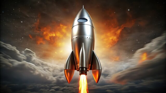 A large rocket with metallic silver and orange color with flames in the background