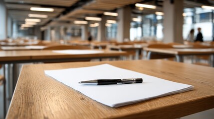 Exam Time: Pen and Paper on Desk in Empty Classroom Awaiting Students for Test