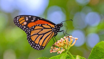Fototapeta premium Monarch butterfly gracefully perched on delicate flowers captivating nature's beauty close up shot