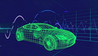 Futuristic electric car design with data visualization depicting innovation and technology