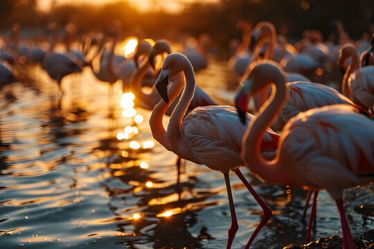 Vibrant flamingos walking along the water's edge at sunset in a serene wetland habitat