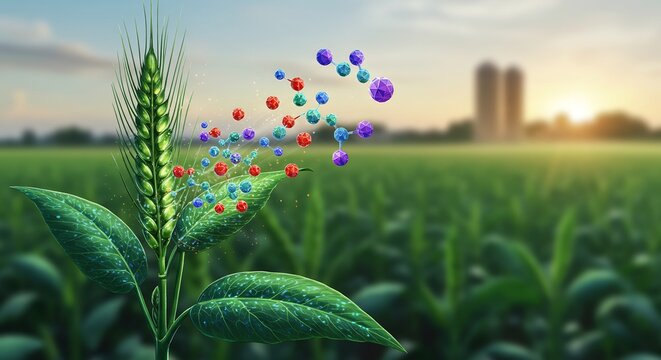 A wheat plant with floating molecular structures against a blurred field silo and sunset