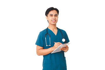 Smiling young male nurse in medical scrubs with stethoscope holding clipboard, confident healthcare professional portrait on white isolated background.