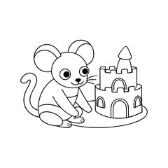 Mouse Building a Sandcastle Coloring Page