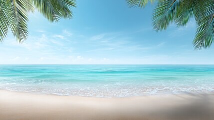 Tropical beach, clear blue-green ocean, palm leaves outline the edges of the scene, the vast sky leaves blank space, ideal for travel or vacation themes.