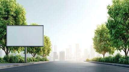 Fototapeta premium Billboard Mockup on City Road with Trees: Outdoor Advertising Space for Urban Campaigns