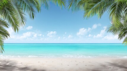 Tropical beach, clear blue-green ocean, palm leaves outline the edges of the scene, the vast sky leaves blank space, ideal for travel or vacation themes.