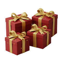 Five elegant deep red gift boxes with gold ribbons & star embellishments, isolated on a pristine transparent background with bright studio lighting, no shadows, luxurious product display