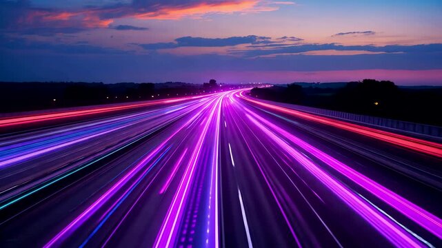 Vibrant Purple and Pink Light Trails on Highway at Dusk Depicting Speed and Urban Motion