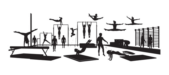 A vector silhouette drawing of a bustling gymnastics gym filled with gymnasts in action