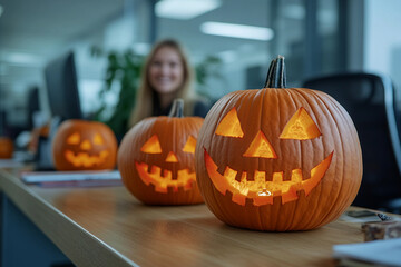 People in office celebrating happy Halloween concept generative AI