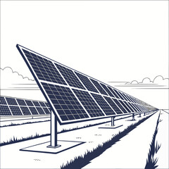 Expansive solar panel array stretching into the distance under a cloudy sky