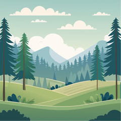 Fototapeta premium Jolie vallée verdoyante, sapins, montagne, teintes bleu et vert, illustration