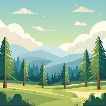 Jolie vall&eacute;e verdoyante, sapins, montagne, teintes bleu et vert, illustration