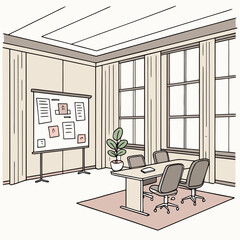Modern office meeting room with whiteboard and conference table natural light from windows