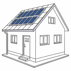 Simple line drawing of a house with blue solar panels installed on a sloped roof
