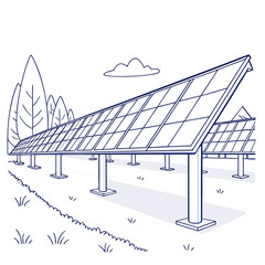 Clean energy solar panel array in a field with trees and a single cloud overhead