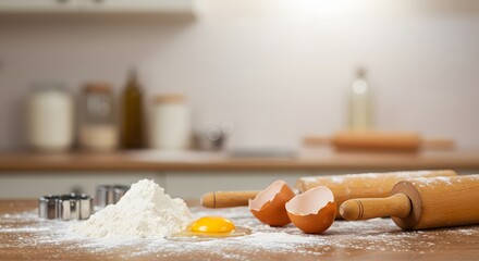 blurred kitchen background with flour, eggs, and rolling pin