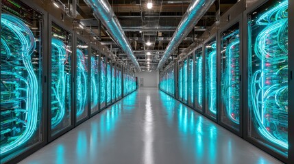 Modern Data Center Interior With Glowing Blue Lights