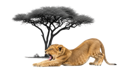 Lion cub stretching with an acacia tree in the background isolated on transparent bg, cutout png