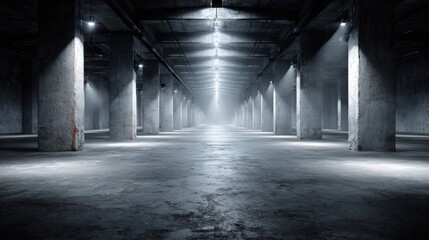 Abstract Dark Underground Tunnel with Columns, Illuminated by Spotlights, Creating a Mysterious and Evocative Atmosphere