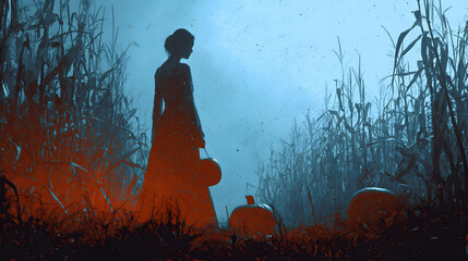 Ghost bride silhouette in cornfield with jack-o??lanterns, rim light for ethereal glow, wide telephoto compression, split-complementary orange-blue-white palette, 