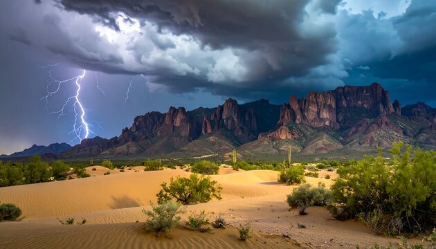 Dramatic lightning storm over desert mountains and dunes
