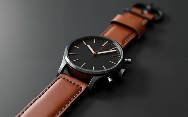 Minimalist Black and Tan Leather Strap Watch Mockup. High quality