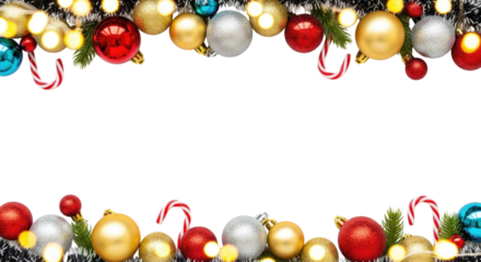 Colorful Christmas ornaments and candy canes arranged on a festive background isolated on transparent bg, cutout png
