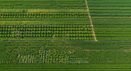 Aerial view of a green farmland with various crops including rows and circular plants