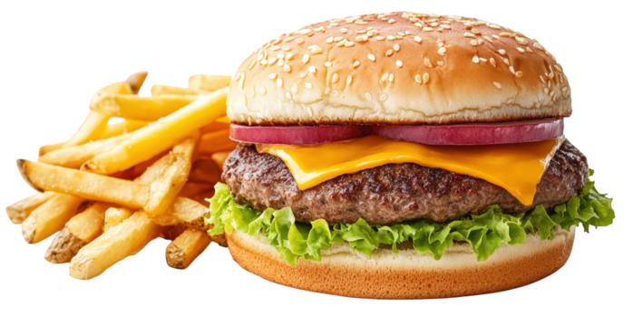 Delicious cheeseburger with french fries isolated on transparent background
