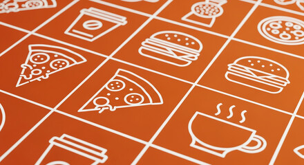 Orange background with grid of white line food icons: pizza, burger, coffee cup.  Simple, minimalist food menu design, ideal for restaurant or cafe branding