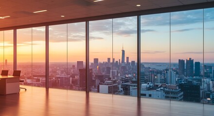 Fototapeta premium large glass office window with blurred city skyline