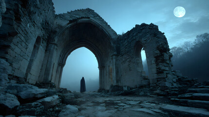 Ghostly figure drifting through ruined chapel, backlit with cold moonlight, tilt-shift depth isolation, monochromatic palette of grays and blues
