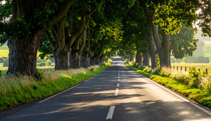 Country road lined with green trees
