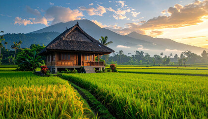 Rice fields traditional house mountain landscape