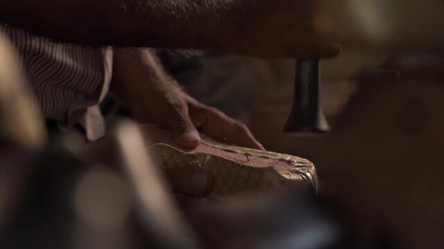 Making hand made Punjabi shoe. Traditional India footwear.