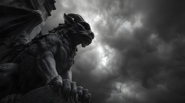 Gothic gargoyle perched under lightning storm sky, dramatic low-key contrast with rim lighting, symmetry balance