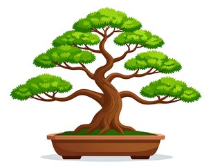 A detailed illustration of a vibrant bonsai tree, artistically designed with lush green foliage and a rich, brown trunk, showcased within a decorative pot.