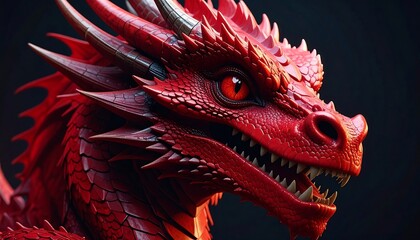 A fierce, majestic red dragon portrait. Intricate scales, sharp claws, and glowing red eyes dominate the dark background, showcasing mythical power