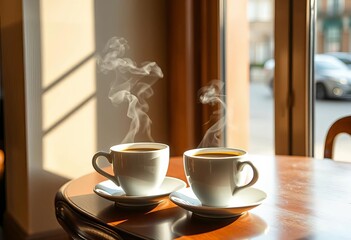 Obraz premium Two steaming coffee cups on cafe table by window, sunlight streams in, delicious, day