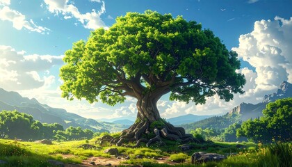 Obraz premium A vast, ancient tree stands majestically in a sunlit valley, its sprawling roots grounding it amongst rolling hills and a vibrant landscape.