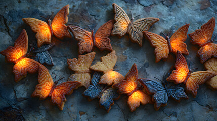 Halloween cookies arranged in star shape, butterfly light balance, overhead angle, rustic surface texture