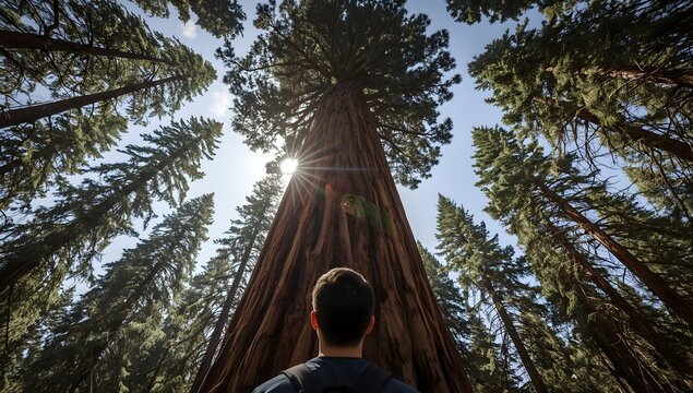 Man gazing up at giant sequoia tree in sunlit forest