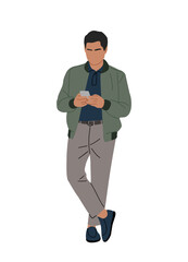 Vector illustration of a man in casual autumn clothes, standing full length while using a mobile phone, chatting and texting, isolated on transparent background, perfect for lifestyle and tech designs