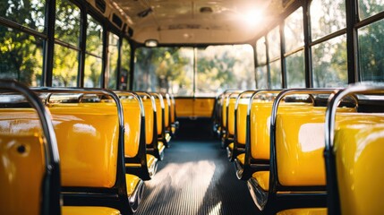Fototapeta premium Interior View of Empty Bus with Yellow Seats and Natural Light Streaming Through Windows