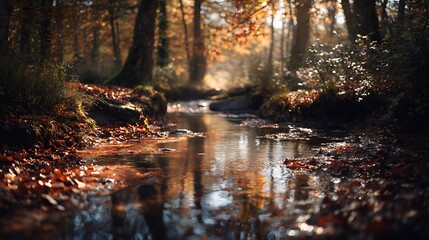 Peaceful woodland stream reflecting the vibrant golden colors of autumn foliage in soft, tranquil sunlight