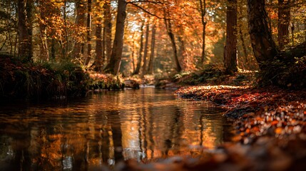 Calm river reflecting the vibrant orange and yellow leaves of an enchanting autumn forest during golden hour