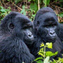 Two gorillas in a lush forest